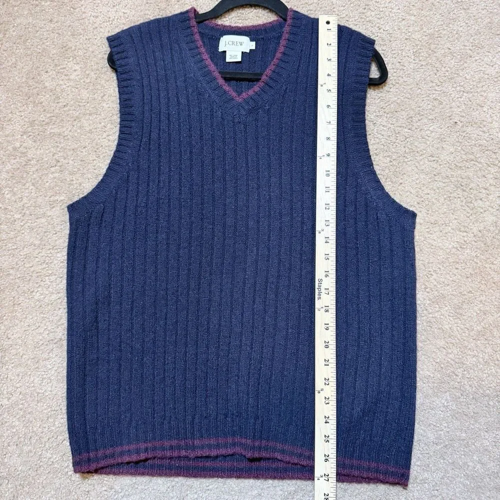 J.Crew 100 Wool Ribbed V-Neck Sweater Vest L Large Navy Burgundy Stripe Trim Y2K